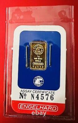 100% Authentic 24k Engelhard 1 Gram Gold Bar Assay Certificate Fine. 999 # N4576