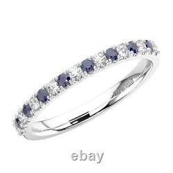 100% Natural Round Diamonds & Blue Sapphire Half Eternity Ring 18K White Gold