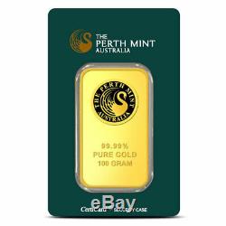 100 gram (3.215 oz). 9999 Fine Gold Bar Assay Certificate
