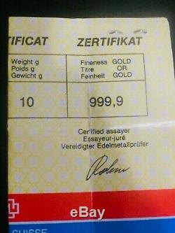 10.0 gm credit Suisse 999.9 gold sealed pouch with certificate SN730635