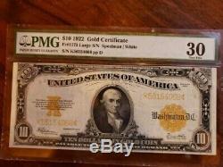 $10 1922 GOLD CERTIFICATE PMG VERY FINE 30 LARGE S/N FR# 1173 Nice
