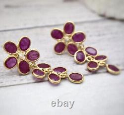 14KT SOLID YELLOW GOLD NATURAL RUBY FLOWER DIAMOND FINE Dangle EARRING July Gift