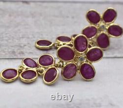 14KT SOLID YELLOW GOLD NATURAL RUBY FLOWER DIAMOND FINE Dangle EARRING July Gift