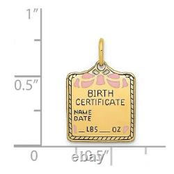 14k Yellow Gold Enameled Pink Engravable Birth Certificate Pendant Charm