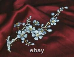 14k Yellow Gold Plated Studded Flower Branch Tremblant Setting Corsage Brooch