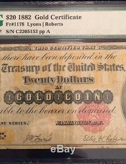 1882 $20 Gold Coin Certificate Lyons/Roberts Fr. # 1178 PMG Graded Very Fine 25