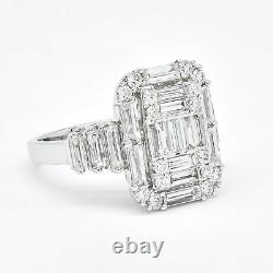 18KT White Gold Art Deco Baguette Round Diamond Cluster Halo Accented Side Ring