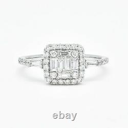 18KT White Gold Baguette Round Diamond Halo Cluster Diamonds Bridal Ring R03605