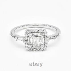 18KT White Gold Baguette Round Diamond Halo Cluster Diamonds Bridal Ring R03605