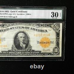 1922 $10 Gold Certificate, Fr # 1173, PMG 30 EPQ Very Fine (Speelman-White)