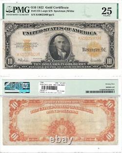 1922 $10 Gold Certificate Fr 1173 PMG Very Fine-25