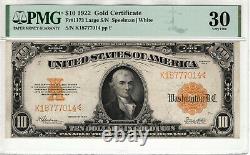 1922 $10 Gold Certificate Note Speelman / White Fr. 1173 Pmg Very Fine 30 (014)