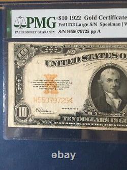 1922 $10 Gold Certificate Pmg30 Very Fine, Speelman/white 9058