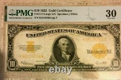 1922 $10 Gold Certificate Pmg 30 Very Fine Large S/n, Speelman/white 3680