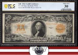 1922 $20 GOLD CERTIFICATE NOTE PCGS 30 Fr 1187 73469