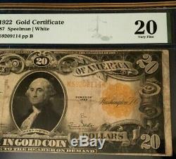 1922 $20 GOLD CERTIFICATE PMG20 VERY FINE Fr#1187 SPEELMAN/WHITE LEGALTENDER