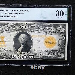 1922 $20 Gold Certificate, Fr #1187, PMG 30 EPQ Very Fine (Speelman-White)