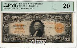 1922 $20 Gold Certificate Note Fr. 1187 Speelman White Pmg Very Fine Vf 20