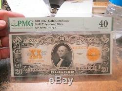 1922 Us $20 Gold Certificate Large Note Pmg 40 Extra Fine Condition