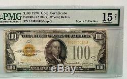 1928 $100 Gold Certificate Gold Seal Pmg Fine 15 Fr 2405 (aa Block) Woods/mellon