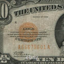 1928 $10 Gold Certificate Currency Note Circulated Problem Free Very Fine (601a)