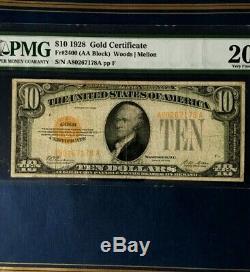 1928 $10 Gold Certificate Legal Tender Woods/mellon Pmg 20 Very Fine