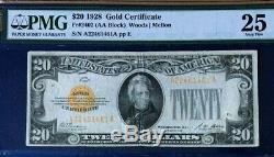 1928 $20 GOLD CERTIFICATE LEGAL TENDER WOODS/MELLON, PMG 25 VERY FINE Fr#2402