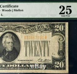 1928 $20 Gold Certificate Legal Tender Woods/mellon Pmg 25 Very Fine