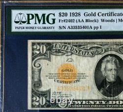 1928 $20 Gold Certificate Pmg25 Very Fine, Woods/mellon, (aa Block) 3724