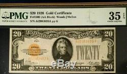1928 $20 Gold Certificate Pmg35 Epq Choice Very Fine Legal Tender Woods/mellon