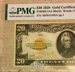 1928 $20 Gold Certificate Pmg 40 Epq Extremely Fine, Woods/mellon, 3694