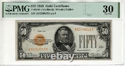 1928 $50 Gold Certificate Note Fr. 2404 Aa Block Pmg Very Fine Vf 30 (215a)