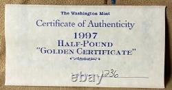 1997 Half Pound The Golden Certificate Proof. 999 Fine Silver Bar COA
