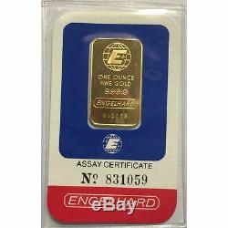 1 oz Engelhard Gold Bar. 9999 Fine Gold With Assay Certificate