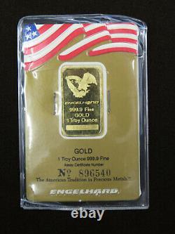 1 troy oz ounce Gold Bar Engelhard USA 999.9 Fine Gold Au 896540 Certificate