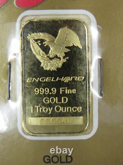 1 troy oz ounce Gold Bar Engelhard USA 999.9 Fine Gold Au 896540 Certificate