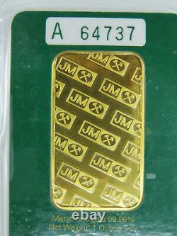 1 troy oz ounce Gold Bar Johnson Matthey JM 99.99% Fine A64737 Green Certificate