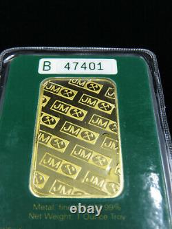 1 troy oz ounce Gold Bar Johnson Matthey JM 99.99% Fine B47401 Green Certificate
