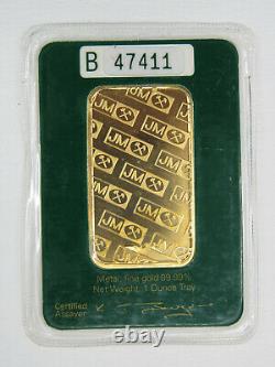 1 troy oz ounce Gold Bar Johnson Matthey JM 99.99% Fine B47411 Green Certificate