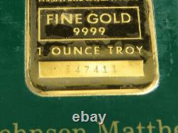1 troy oz ounce Gold Bar Johnson Matthey JM 99.99% Fine B47411 Green Certificate