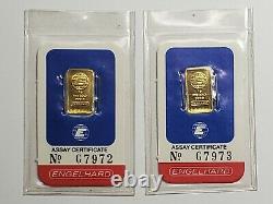2X RARE Engelhard 1 Gram Fine Gold 999.9 Bars with Assay Certificates G7972 G7973