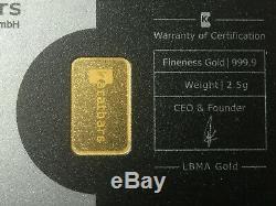 2.5 Gram. 999 Fine Gold Bar Karatbars With Sealed Certification Card 2 1/2 Grams
