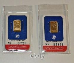 2x ENGELHARD 1 GRAM FINE GOLD 999.9 BAR With ASSAY CERTIFICATE H5866 D3729 2g tota
