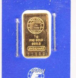 2x Engelhard 1 Gram Fine Gold Consecutive. 9999 Bar Sealed Assay Certificate