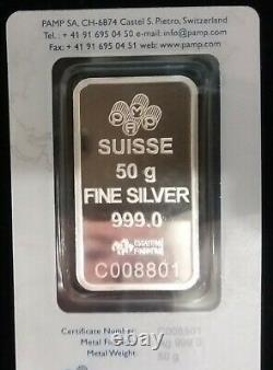 50 gram Suisse 999 Fine Silver Bar Certificate No. C008801