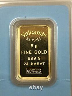 5 Gram Valcambi Suisse Bar Assay Certificate 24 Karat Fine Gold 999.9 247205