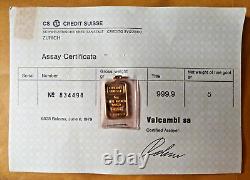 5 gram Credit Suisse 9999 Fine Gold Bar with Bezel -1979 Assay Certificate