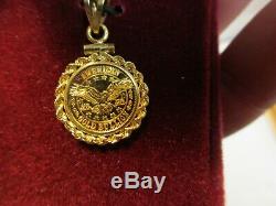 American Gold Bullion 1 Gram 999 Fine Gold Coin Pendant w Bezel Certificate Case
