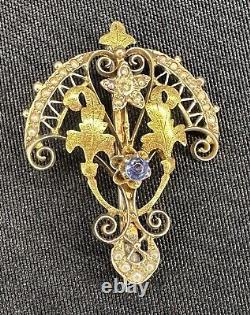 Antique 14k Sapphire Pearl Brooch 24 Seed Pearls and GAL Certificate
