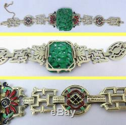 Antique Art Deco Bracelet Gold Enamel Jade w Certificate French f Chinese (5860)